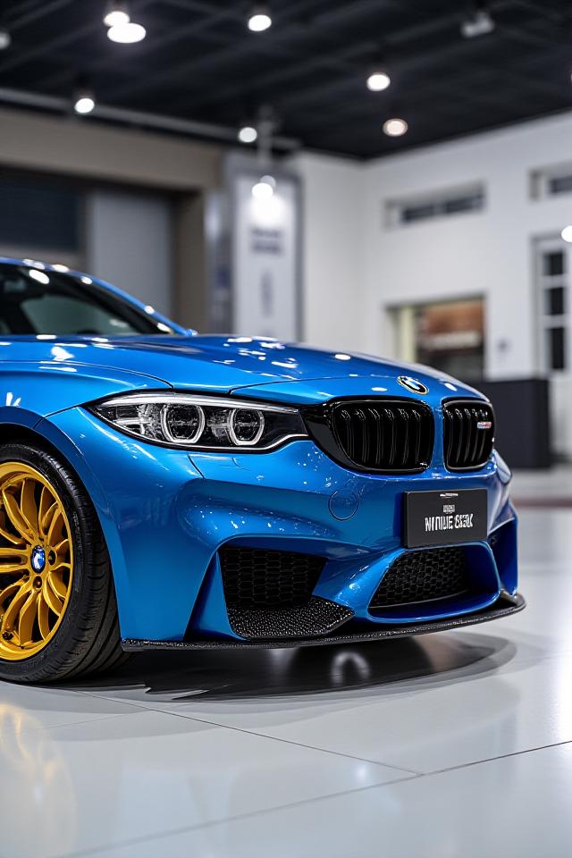BMW M4 Competición Azul con llantas doradas en exposición