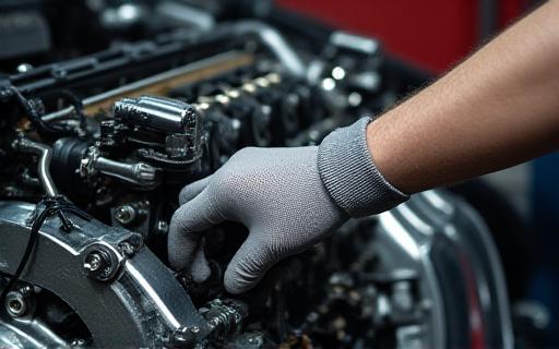 Mecánico examinando un motor V8 con guantes